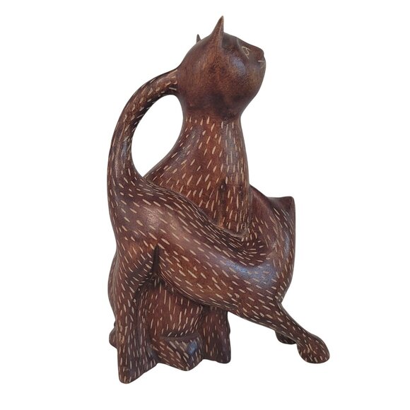 hand made wooden cat figurine 2 kitten cats carved out of wood art decor brown - Picture 6 of 8